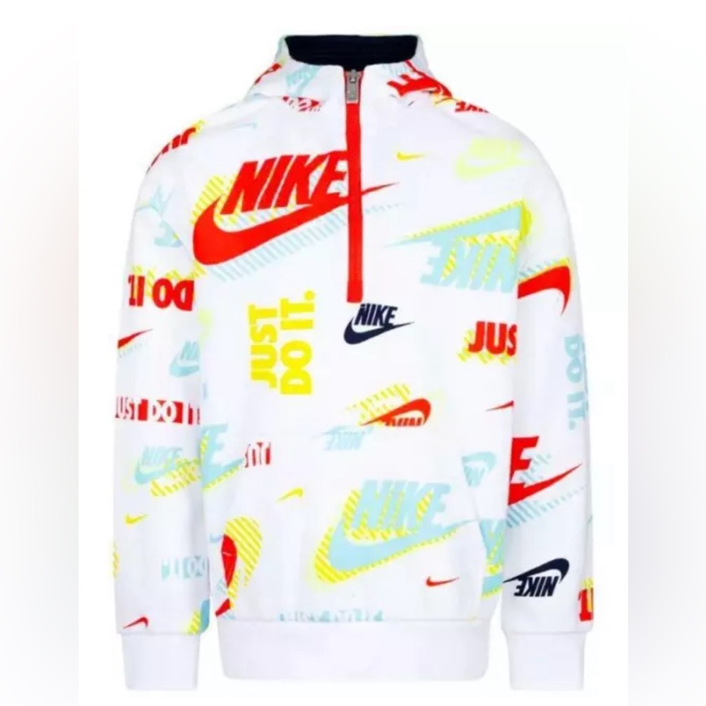 Nike Boys Active "Just Do It" LS Pullover Hooded 1/4 Zip Sweatshirt White